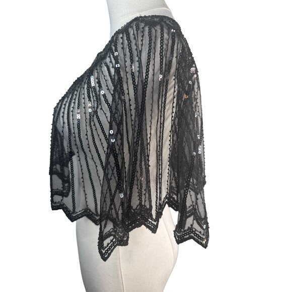 Black Sequin OS Beaded Sheer Capelet Shawl NWT - Picture 9 of 13